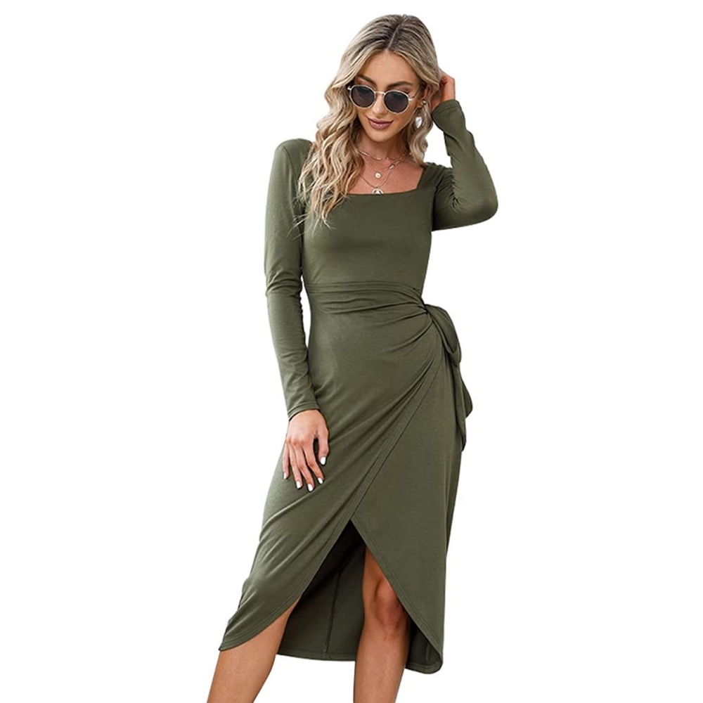 Army olive green square neck thigh split bodycon belted long sleeve midi dress
